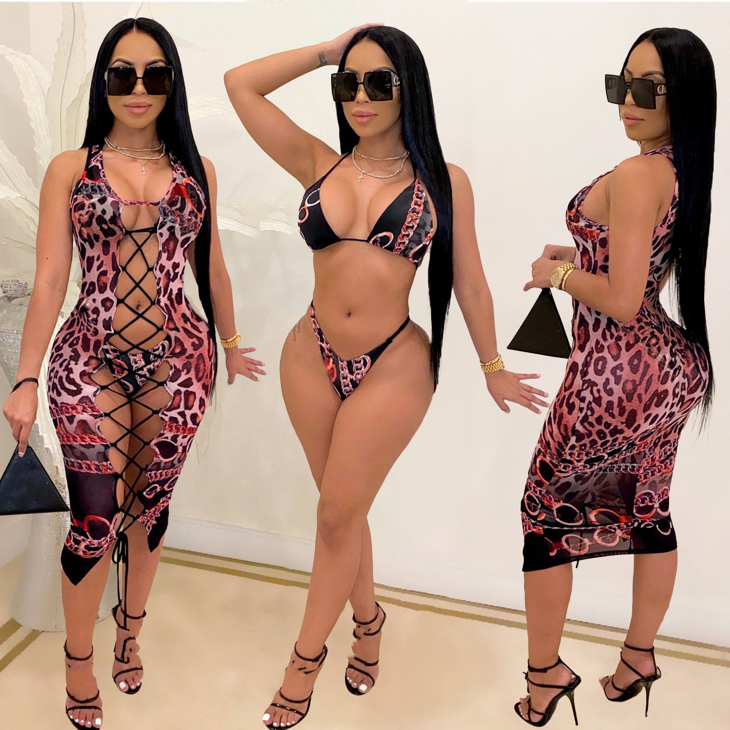 European And American Women's Sexy Bikini And Leopard Print Three-piece Swimsuit