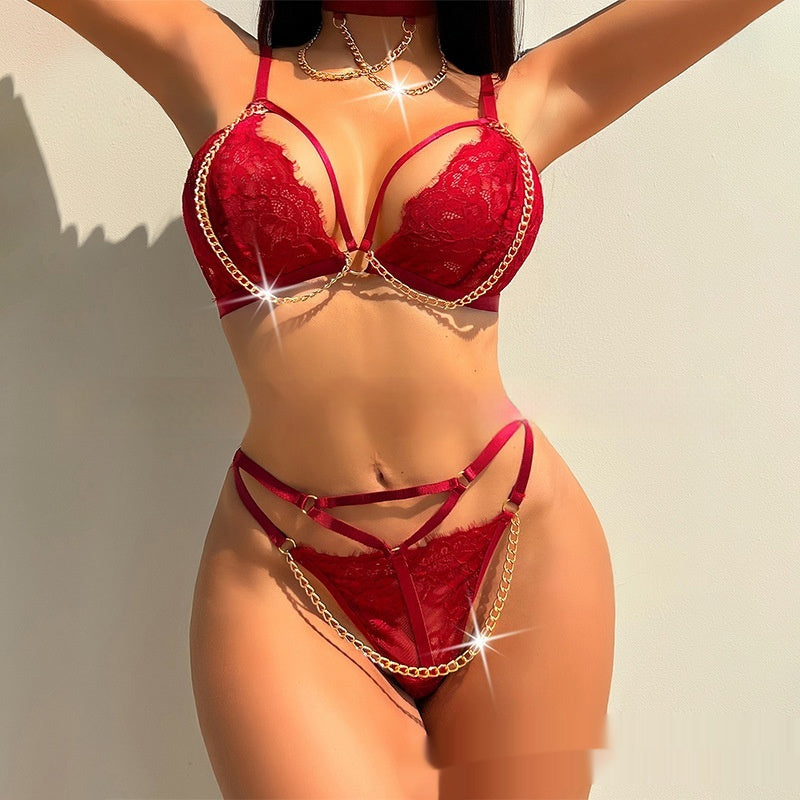 Chain Temptation Red Lace Passion Sexy Lingerie Suit