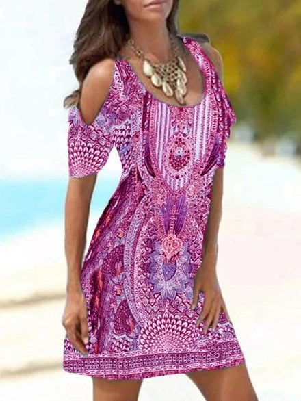 Round Neck Cutout Short Sleeve Fashion Print Dress