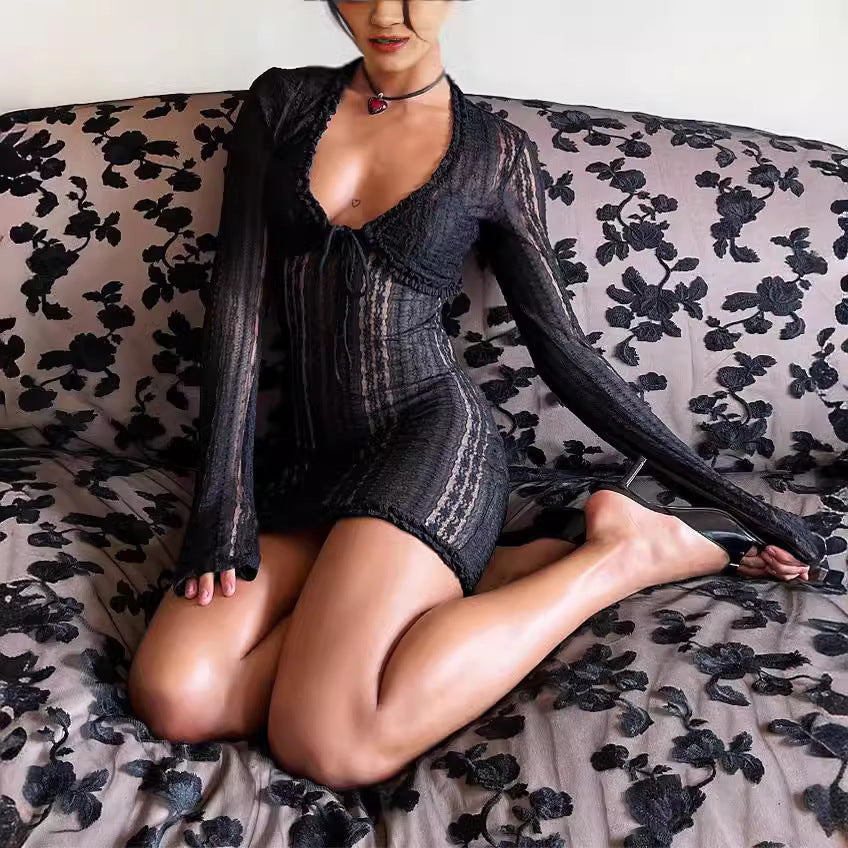 Cross Border Long-sleeved Sun-proof Cardigan Sexy V-neck Split Dress Party Elegant