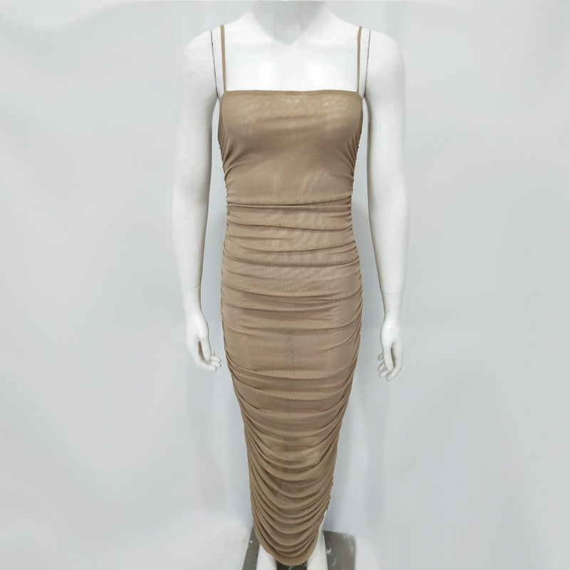 Sexy split mesh dress with suspenders Evening dress
