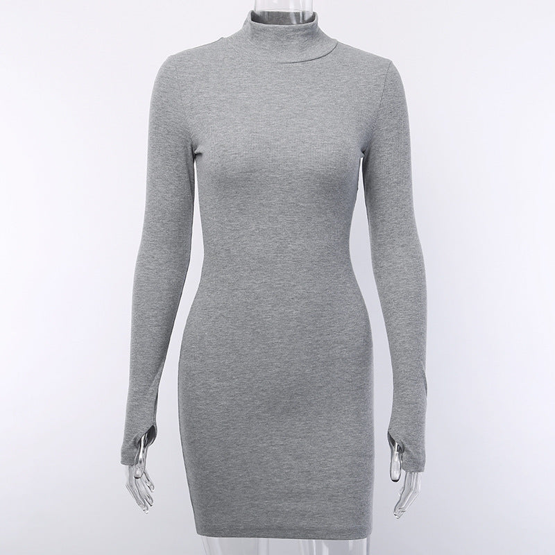 High collar solid color dress