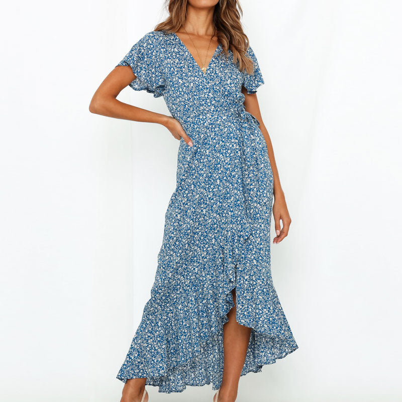 Chiffon printed V-neck dress with high
