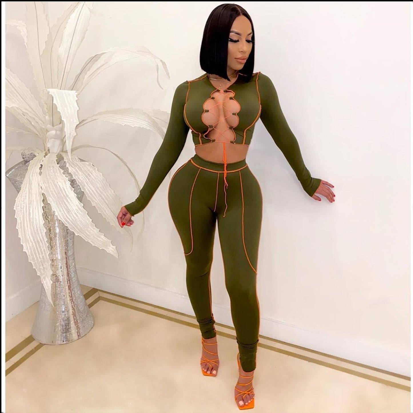 Bandage sexy hollow out long sleeve two piece set