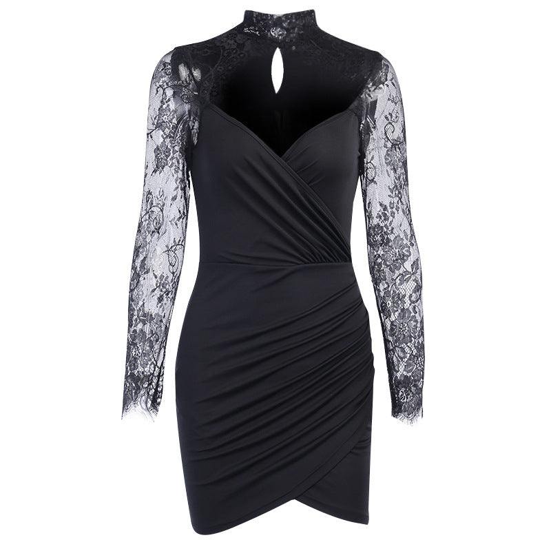 Sexy Lace Stitching V-neck Slim Slimming Hip Dress