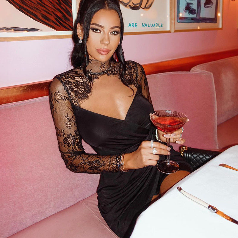 Sexy Lace Stitching V-neck Slim Slimming Hip Dress