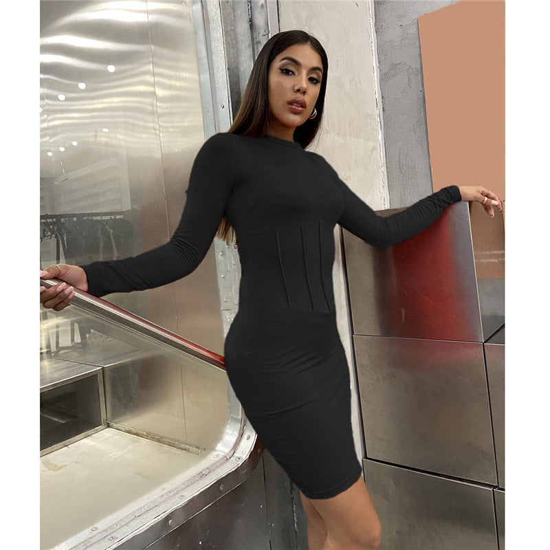 Long Sleeve Slim Pleated Dress Women