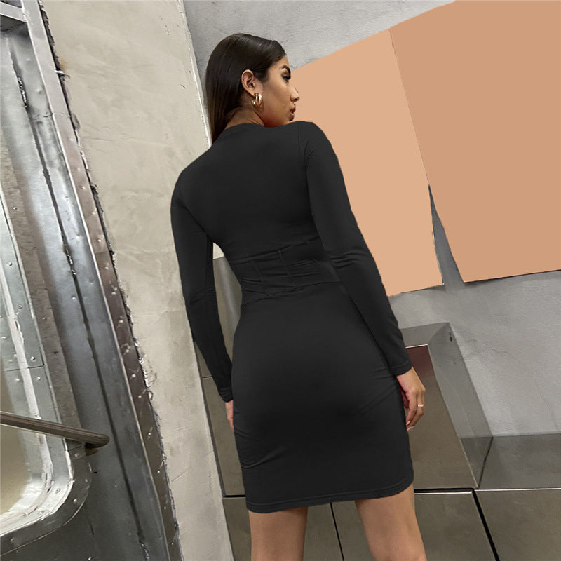 Long Sleeve Slim Pleated Dress Women