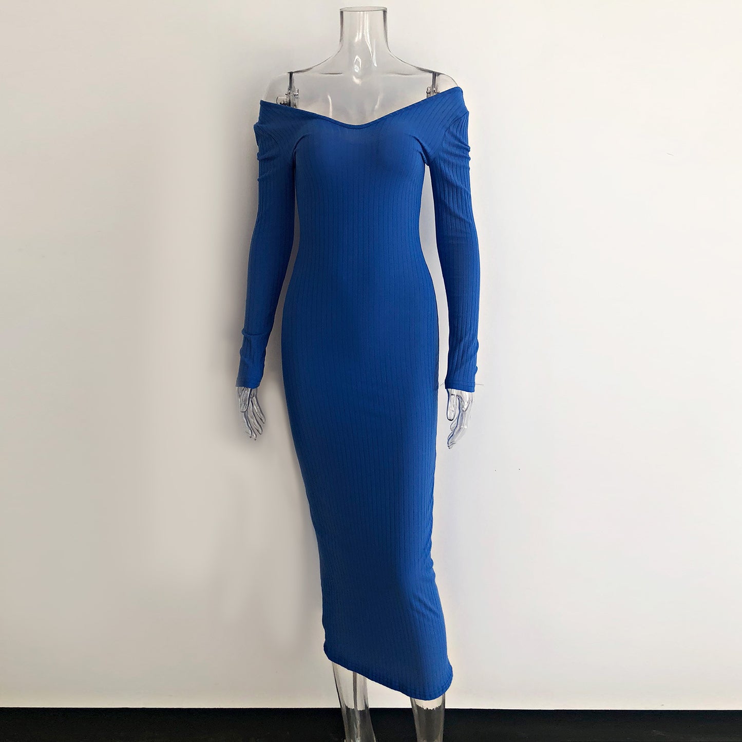 One-Piece Off-Shoulder Long-Sleeved Blue Dress