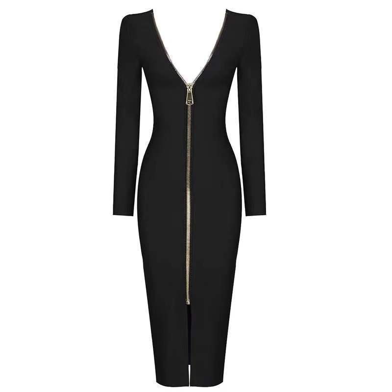 Slim Deep V Sexy Metal Zipper Front And Back Bandage Dress Dress