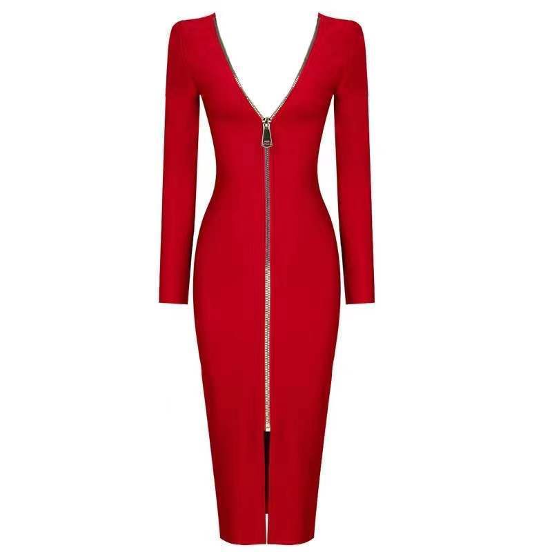 Slim Deep V Sexy Metal Zipper Front And Back Bandage Dress Dress