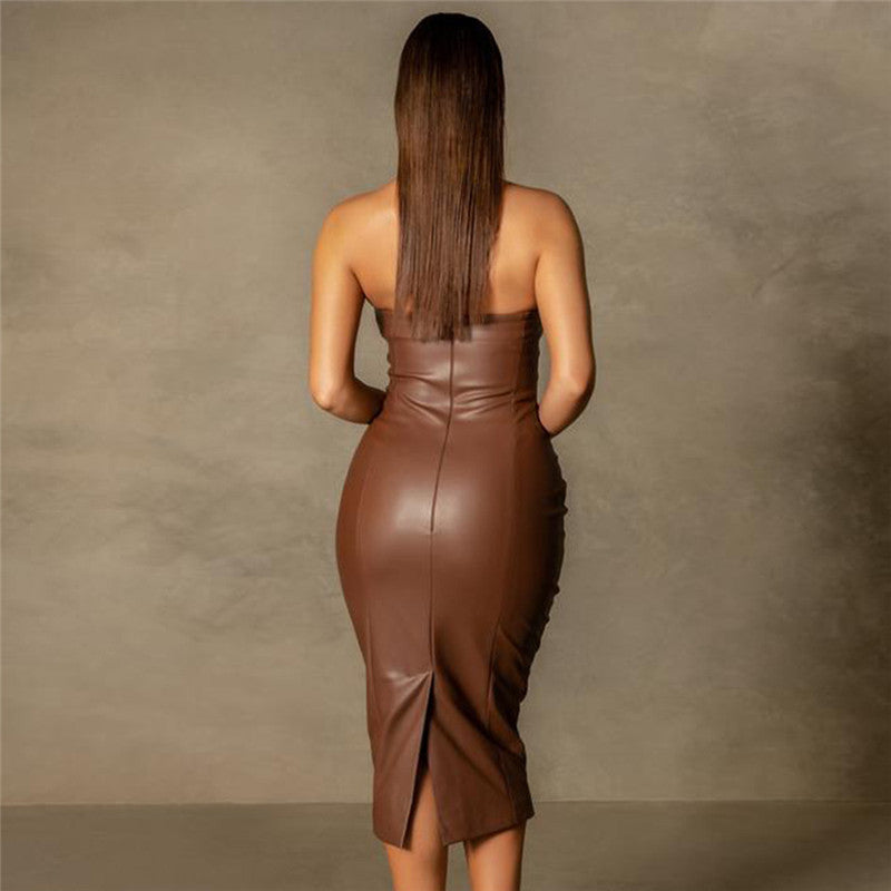 Pure Color PU Leather Temperament Slim Tube Top With Rear Slit