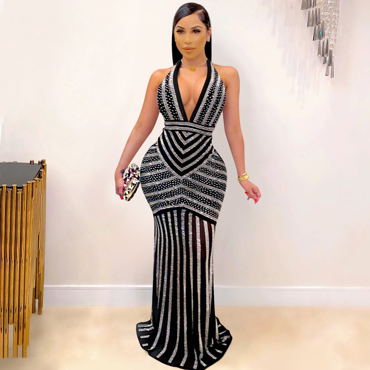 European And American Sexy Deep V Backless Nightclub Evening Dress Hot Diamond Perspective Long Skirt