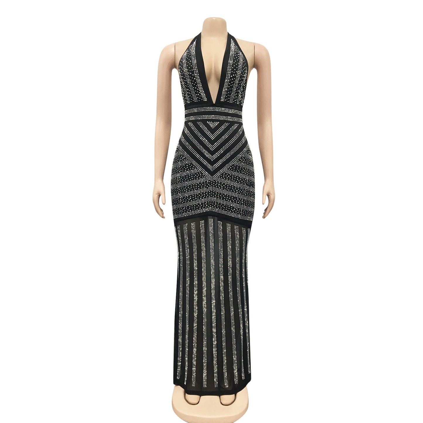 European And American Sexy Deep V Backless Nightclub Evening Dress Hot Diamond Perspective Long Skirt