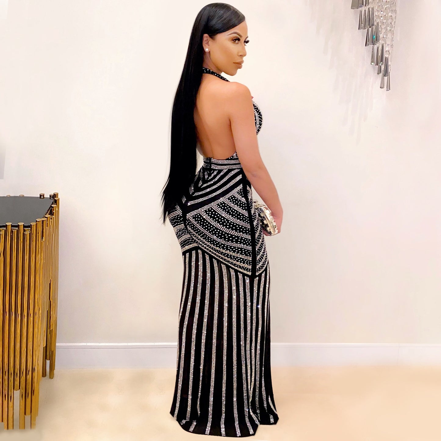 European And American Sexy Deep V Backless Nightclub Evening Dress Hot Diamond Perspective Long Skirt