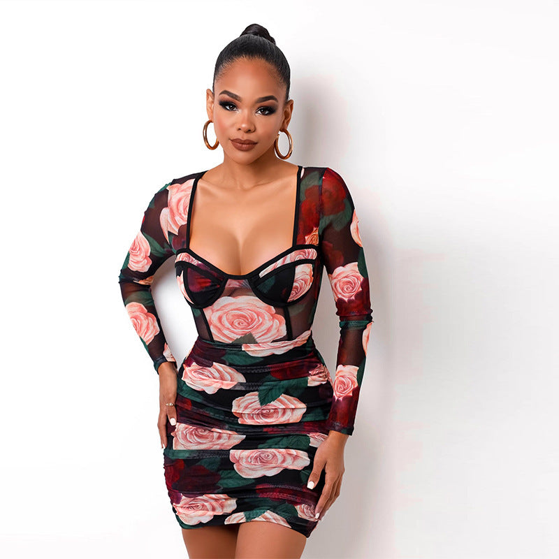 Sexy Net Yarn Rose Flower Long-sleeved Dress Women