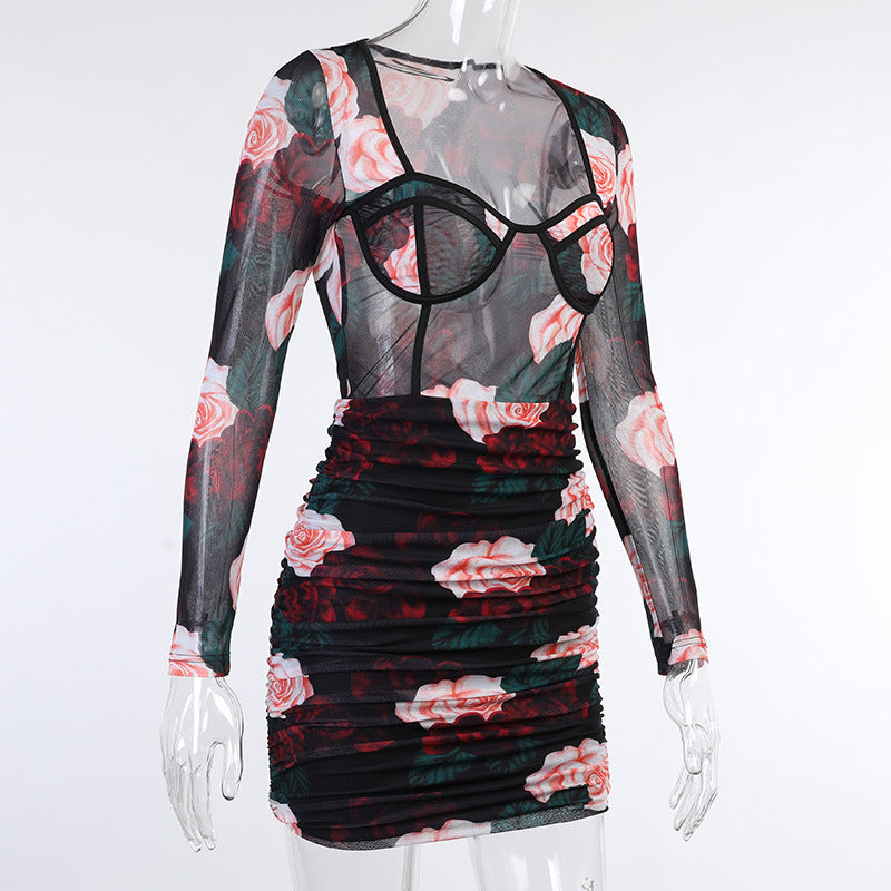 Sexy Net Yarn Rose Flower Long-sleeved Dress Women