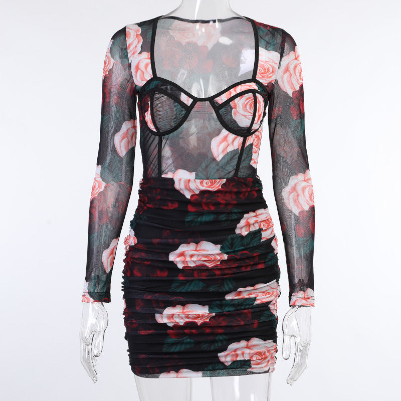 Sexy Net Yarn Rose Flower Long-sleeved Dress Women