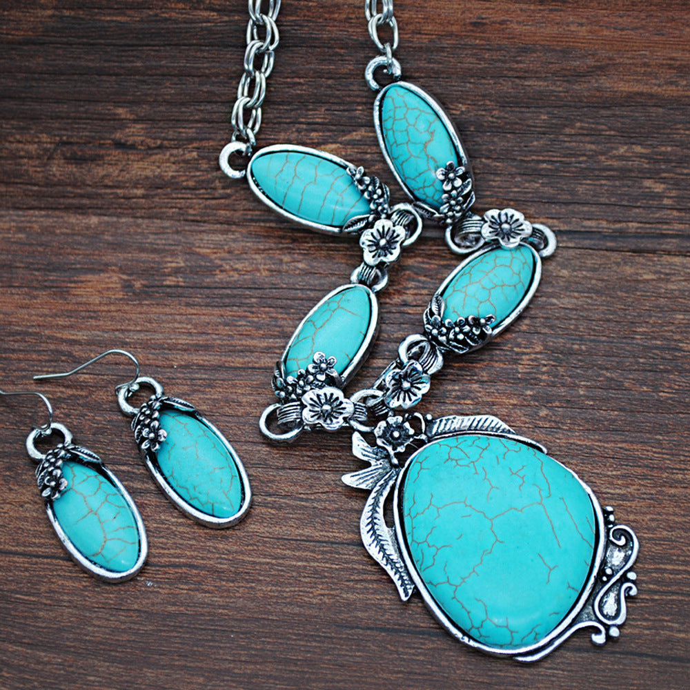 European And American Retro Turquoise Jewelry Ethnic Style Necklace Earrings Ring Bracelet Set