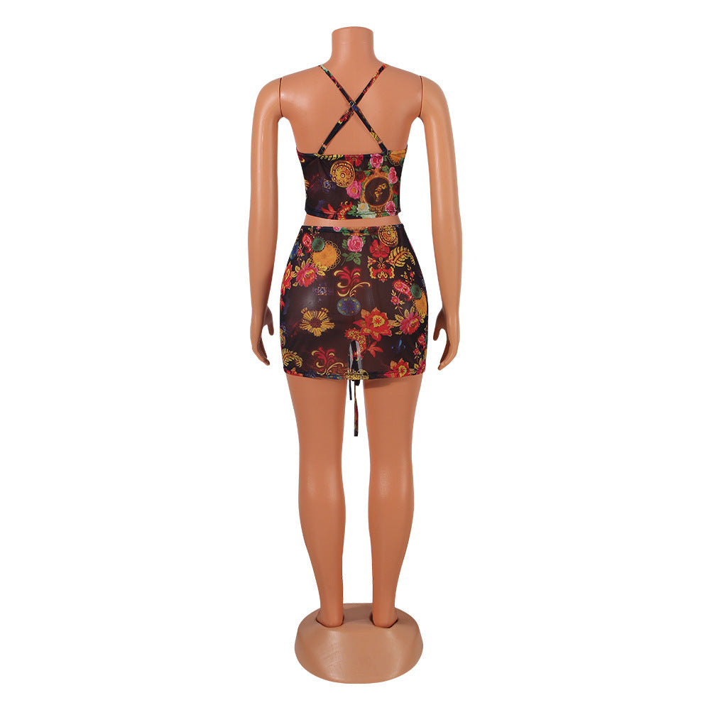 Sexy Mesh Printed Suspenders Wrapped Chest Short Skirt Two-Piece Suit