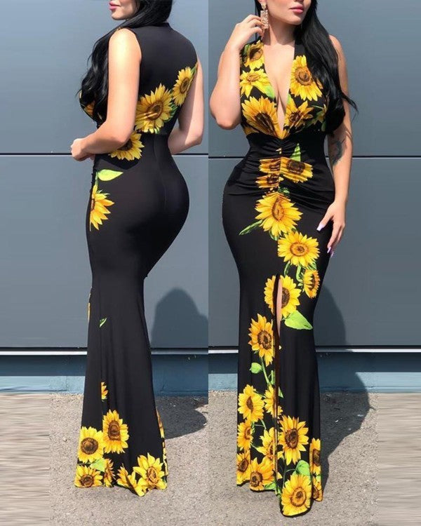 European And American Women'S Fashion Sleeveless Sexy V-Neck Printing Dress