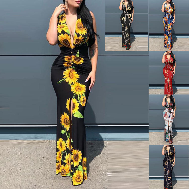 European And American Women'S Fashion Sleeveless Sexy V-Neck Printing Dress