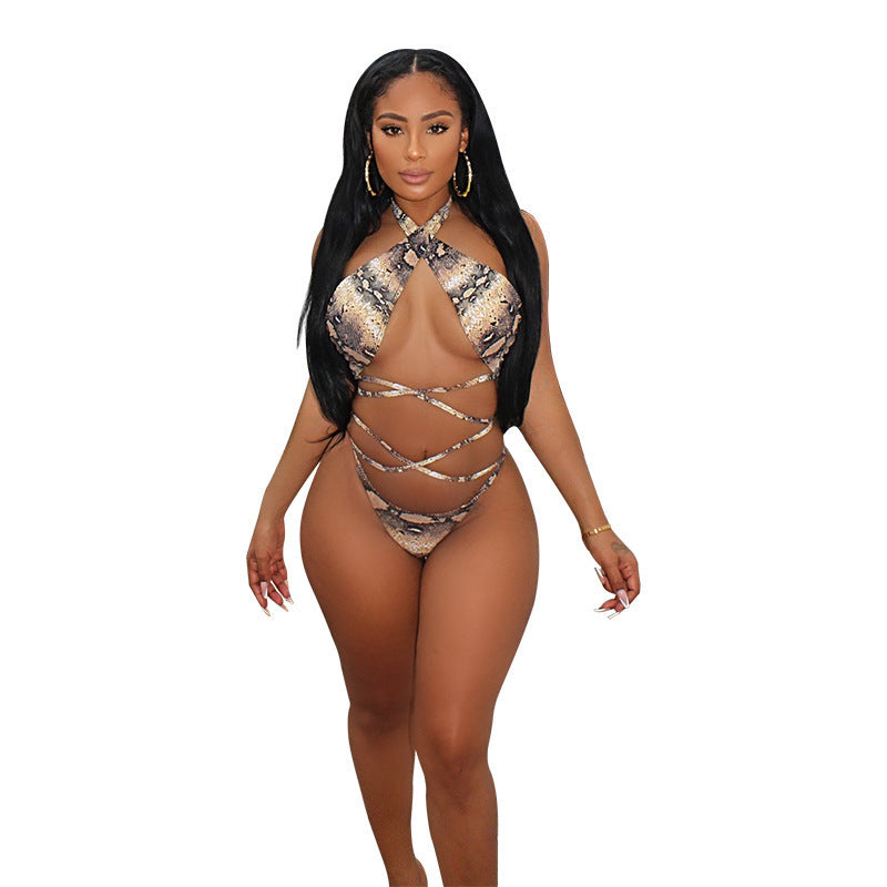 Sexy Swimsuit With Snake-Print Lash Up