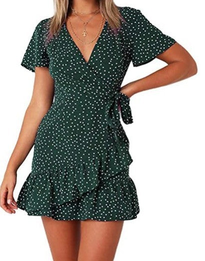 Women's Short-sleeved Printed Lace-up Dress