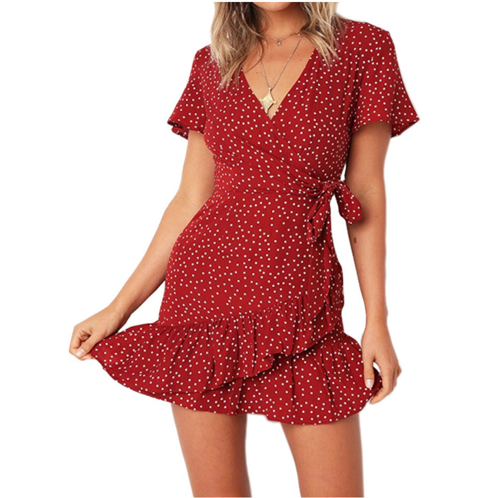 Women's Short-sleeved Printed Lace-up Dress