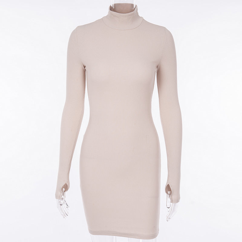 High collar solid color dress