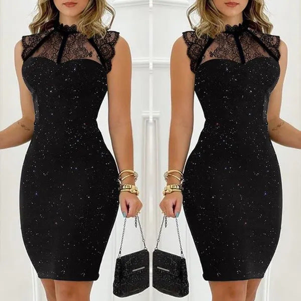 Women's Fashion Black Paillette Sleeveless Lace Short Tight Dress