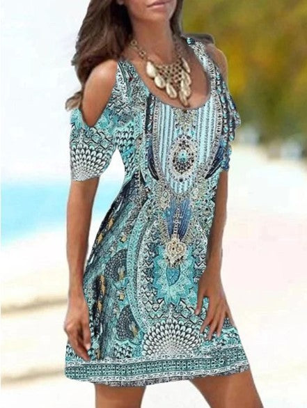 Round Neck Cutout Short Sleeve Fashion Print Dress