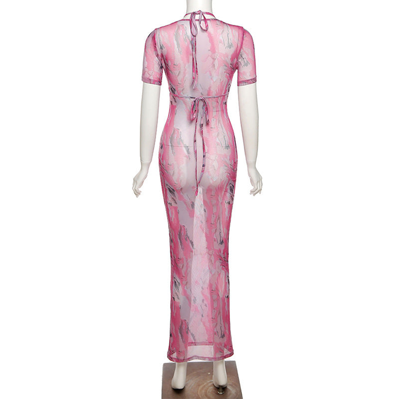 Womens Short Sleeved Sexy Hollow Low Cut Fashion Print Dress