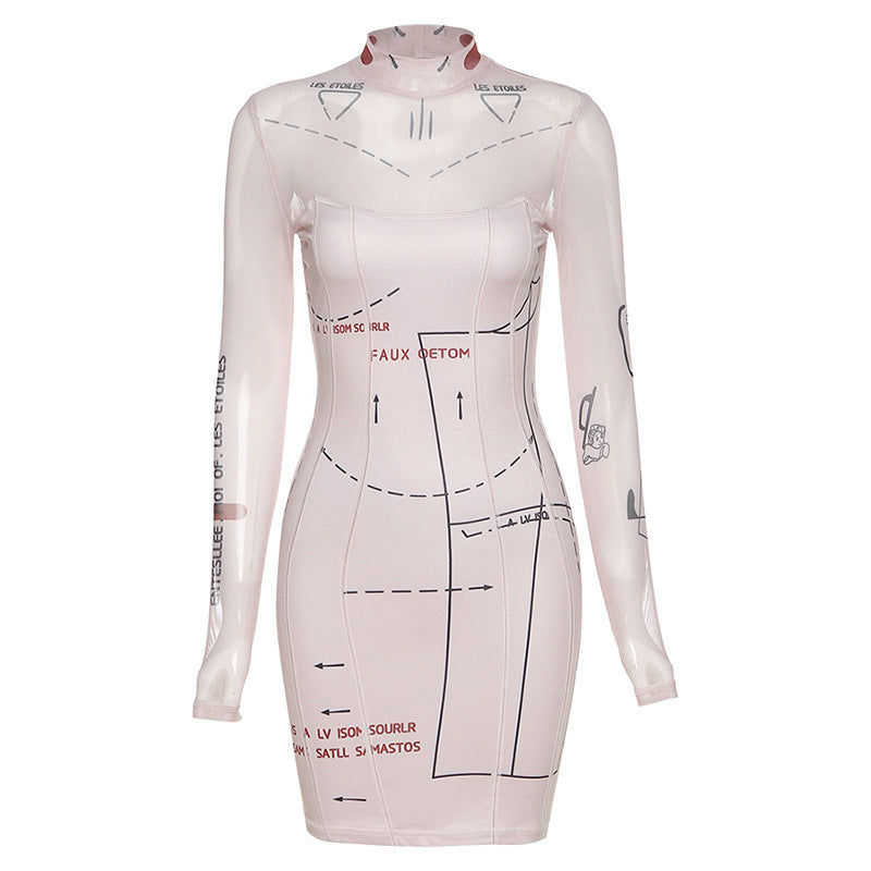 Mesh stitching sexy print bag hip dress women