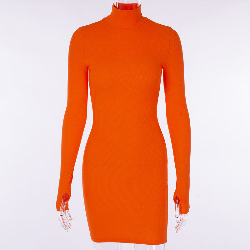High collar solid color dress