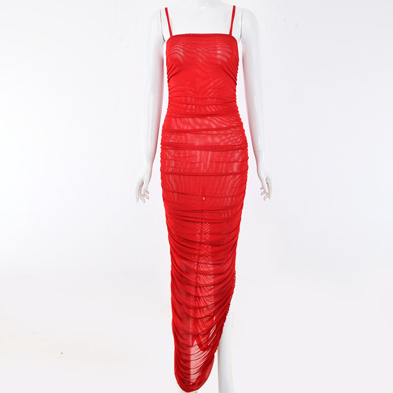 Sexy split mesh dress with suspenders Evening dress