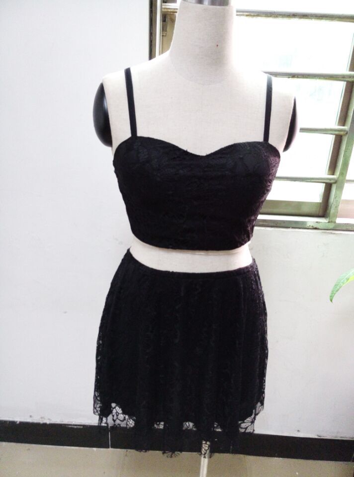 Lace Dress V-neck Tube Top Off-Shoulder Waist Solid Color Two-Piece Dress