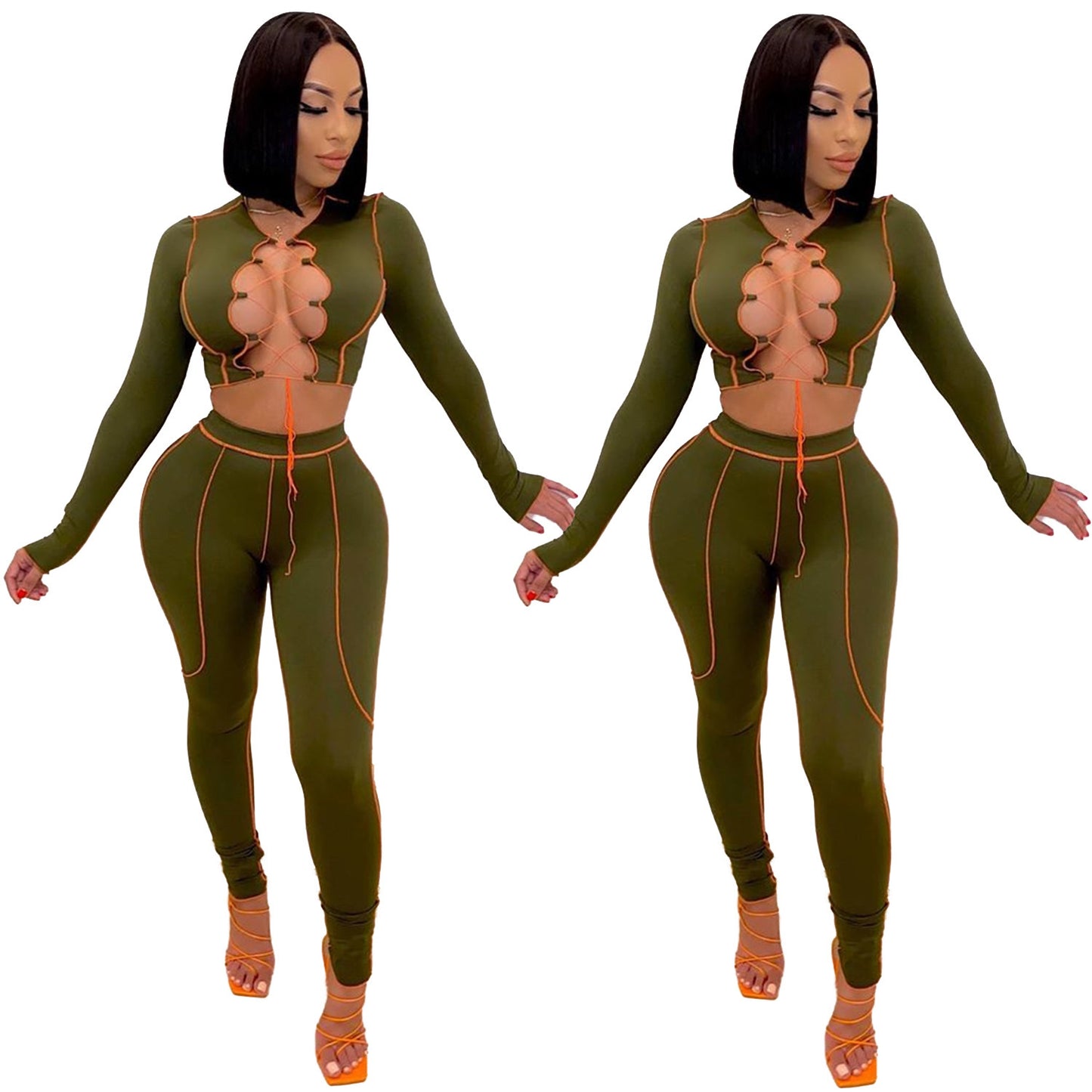 Bandage sexy hollow out long sleeve two piece set
