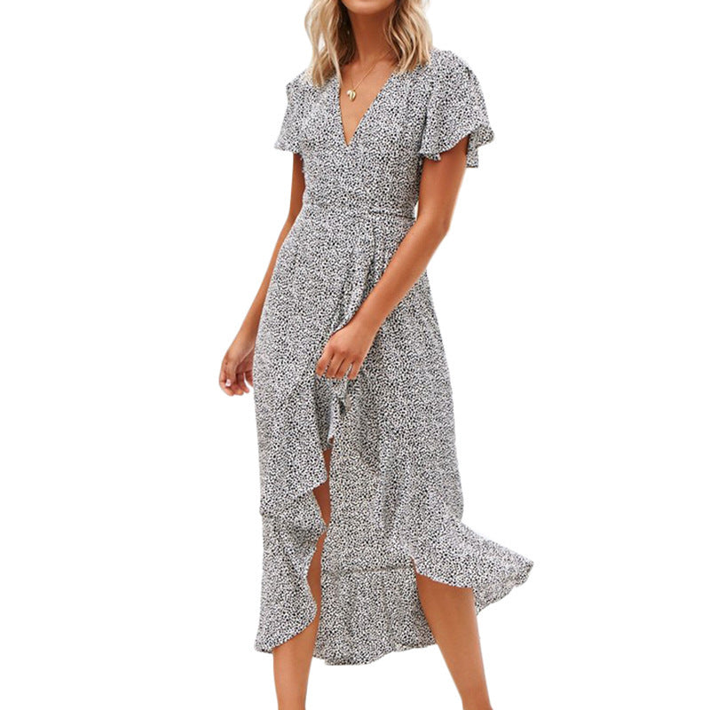 Chiffon printed V-neck dress with high