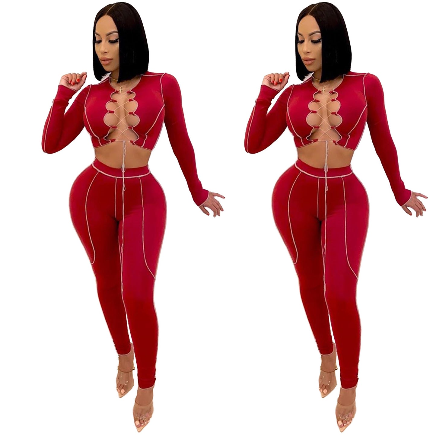 Bandage sexy hollow out long sleeve two piece set