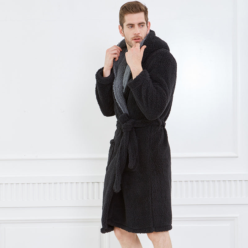 Men's Thick Hooded Coral Fleece Nightgown Warm Large Size Long Couple Pajamas