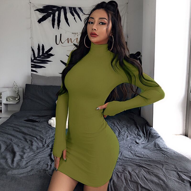 High collar solid color dress