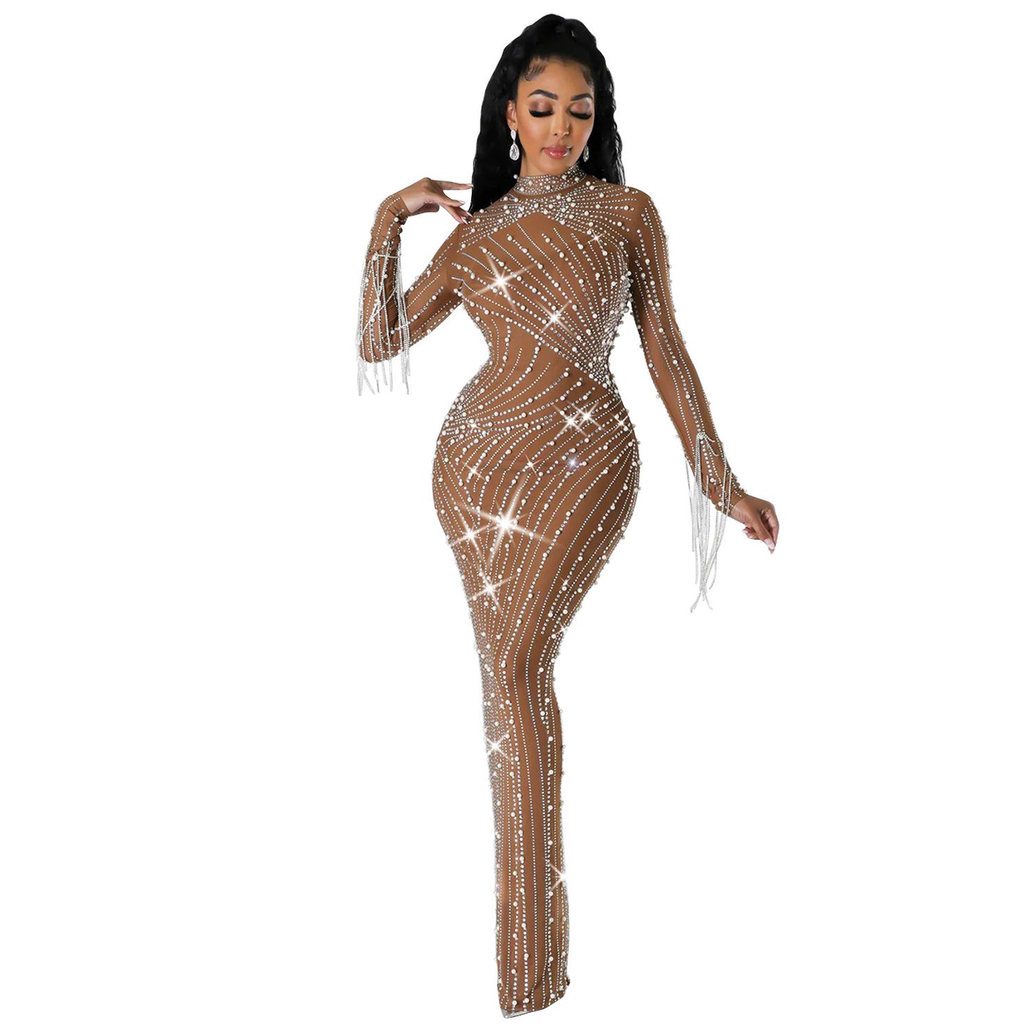 Women's Mesh Rhinestone Long Dress
