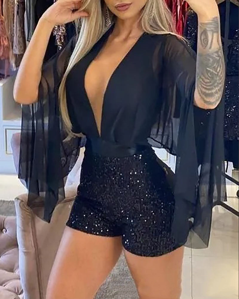 V-neck Mesh Stitched Bead Slit Jumpsuit
