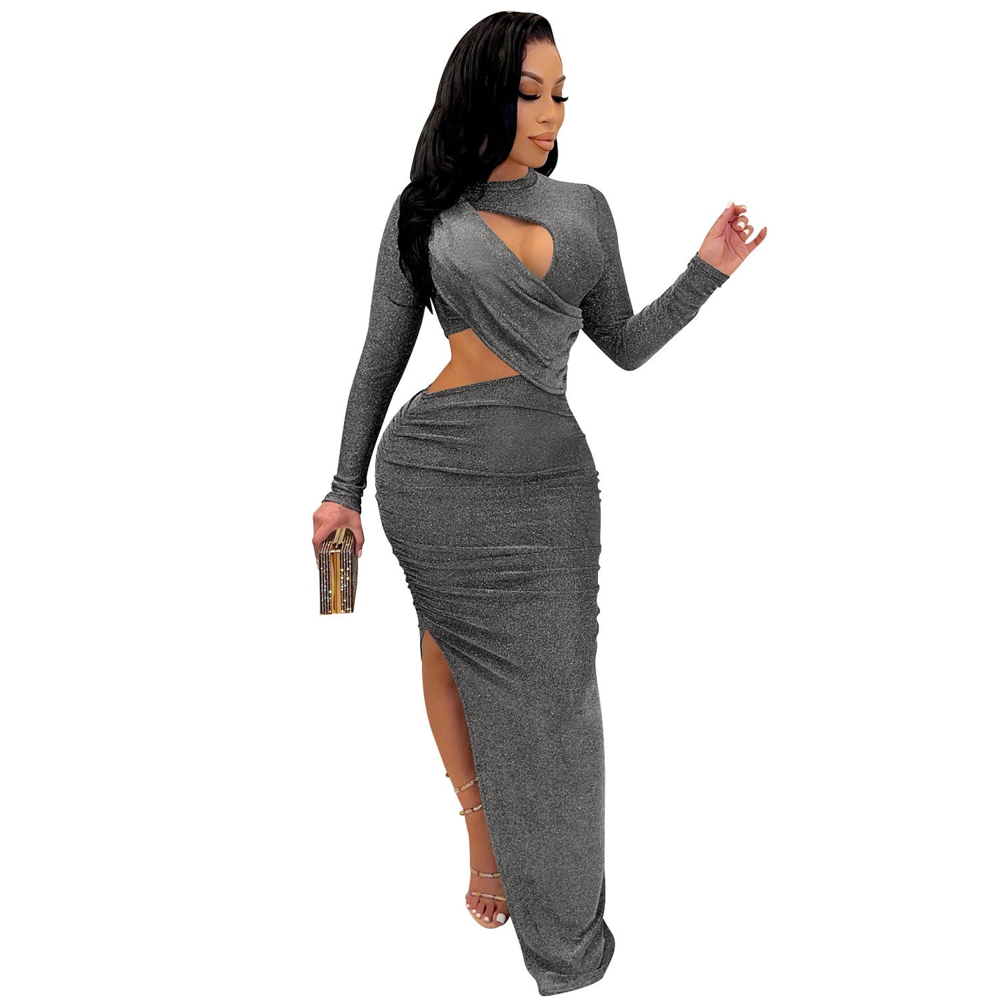 Ladies Long Sleeve Hollow Split Dress