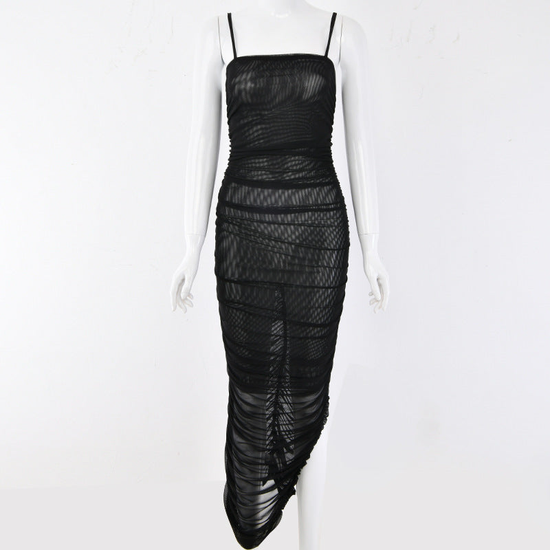 Sexy split mesh dress with suspenders Evening dress