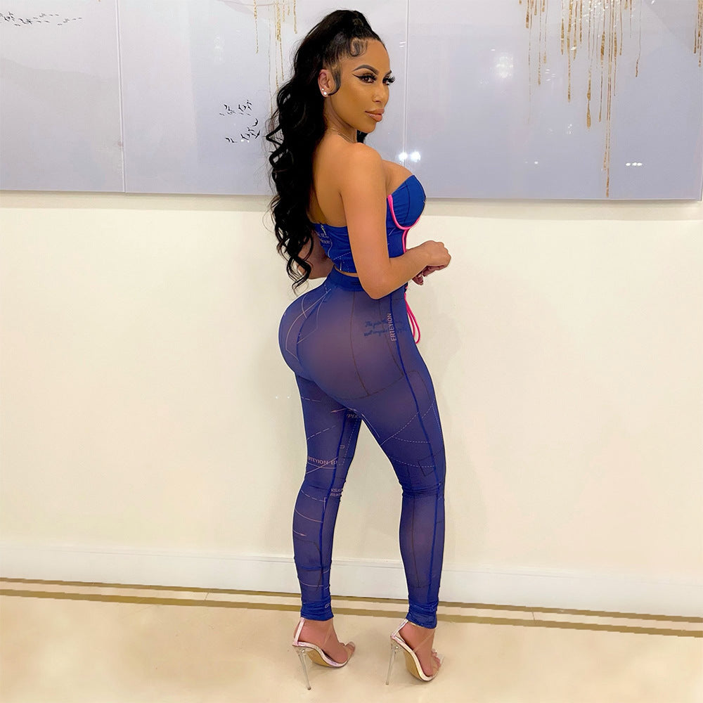 Fashion Sexy Mesh See-Through Chest Wrapped Two-Piece Suit