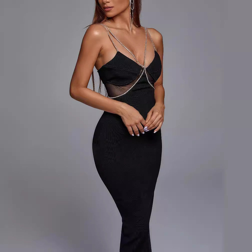 Crystal Drill Chain Straps Tulle Stitched Backless Evening Gown