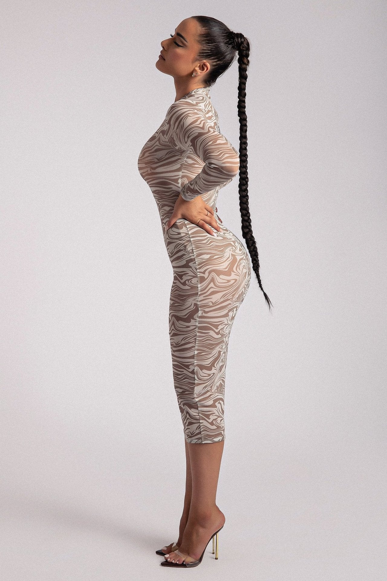 Long Sleeve Printed Leopard Print Transparent Midi Skirt