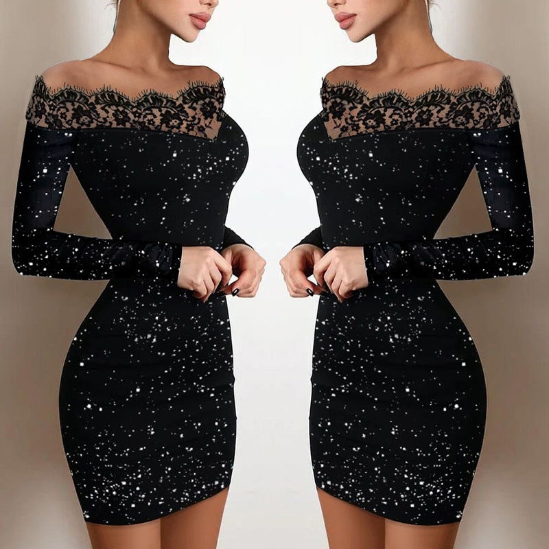 Women's Sequin Contrast Lace Body Dress